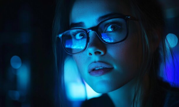 Female cybersecurity analyst analysing AI cyberspace threats on a computer in a dark tech office data centre. Blue lighting aids in the ethical hacking process, Generative AI