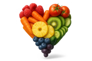 Colorful heart made of fruits and vegetables isolated on transparent background