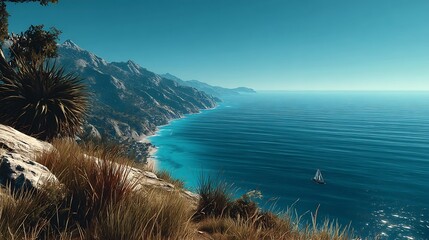 Mediterranean Coastline Sailboat with Mountain, and Sea View.