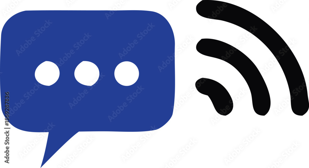 Aufkleber a blue speech bubble with three white dots inside representing a message is next to a black wi fi si