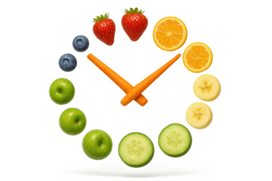 Colorful fruit and vegetables clock isolated on transparent background, healthy eating