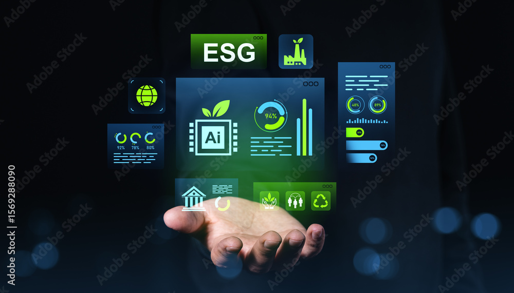 Poster esg and ai sustainability interface concept with digital dashboard elements and eco-friendly metrics