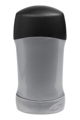 Gray deodorant stick with black cap isolated on white background.