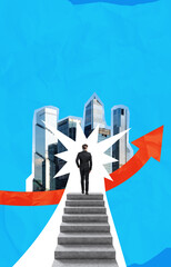 Man in business suit climbing stairs toward modern skyscrapers w