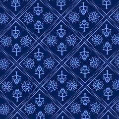 Dark blue repeating pattern with light blue stylized flowers and diamond shapes