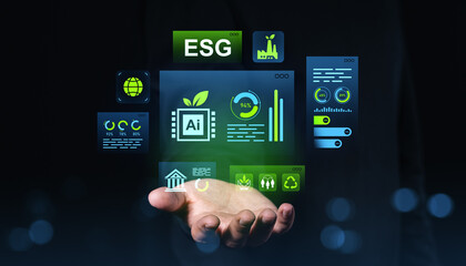 ESG and AI sustainability interface concept with digital dashboard elements and eco-friendly...