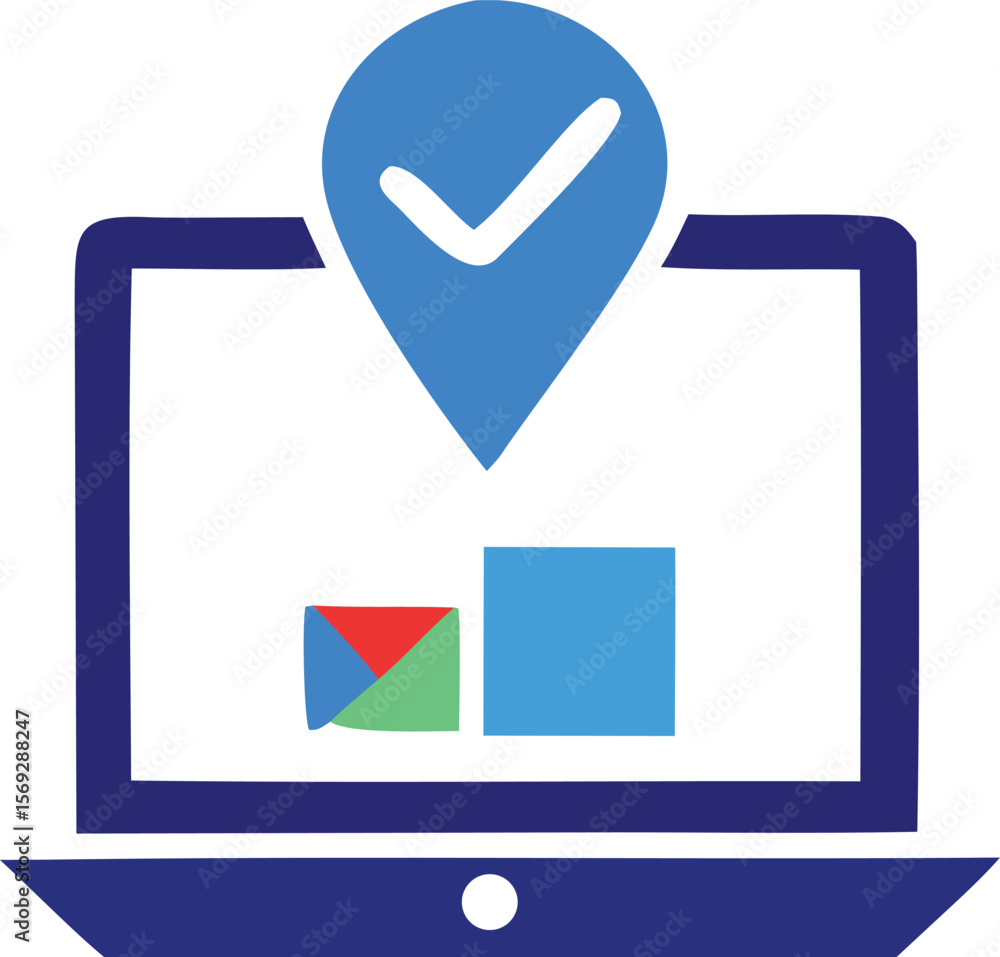Aufkleber digital location verification with a checkmark on a laptop screen and abstract colorful shapes repre