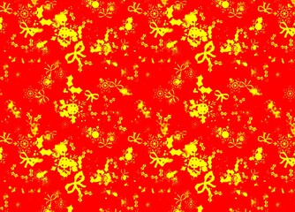 Seamless pattern of yellow snowflakes and bows on a red background Christmas