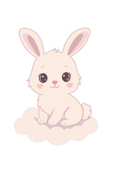 Cute pastel bunny sitting on a cloud with heart cheeks in kawaii style, soft cartoon animal illustration