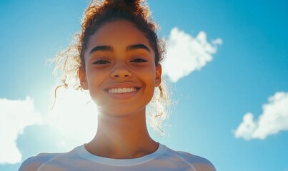 Happy mixed-race teenager jogging in the park in the sunshine, on a bright blue sky day. Candid girl running for mental health and fitness, celebrating summer exercise outdoors, Generative AI
