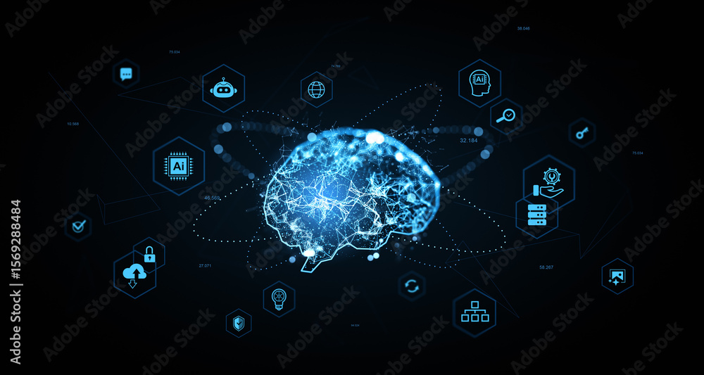 Poster futuristic digital brain with glowing neural network and ai icons representing advanced technology a