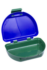 Open blue and green lunchbox with an empty interior.