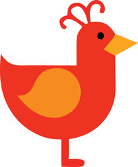 A stylized colorful cartoon bird with bright orange and red plumage featuring a distinctive crest and a simple graphic design