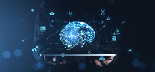 Futuristic digital brain with neural connections and AI icons floating above a tablet held by hands...