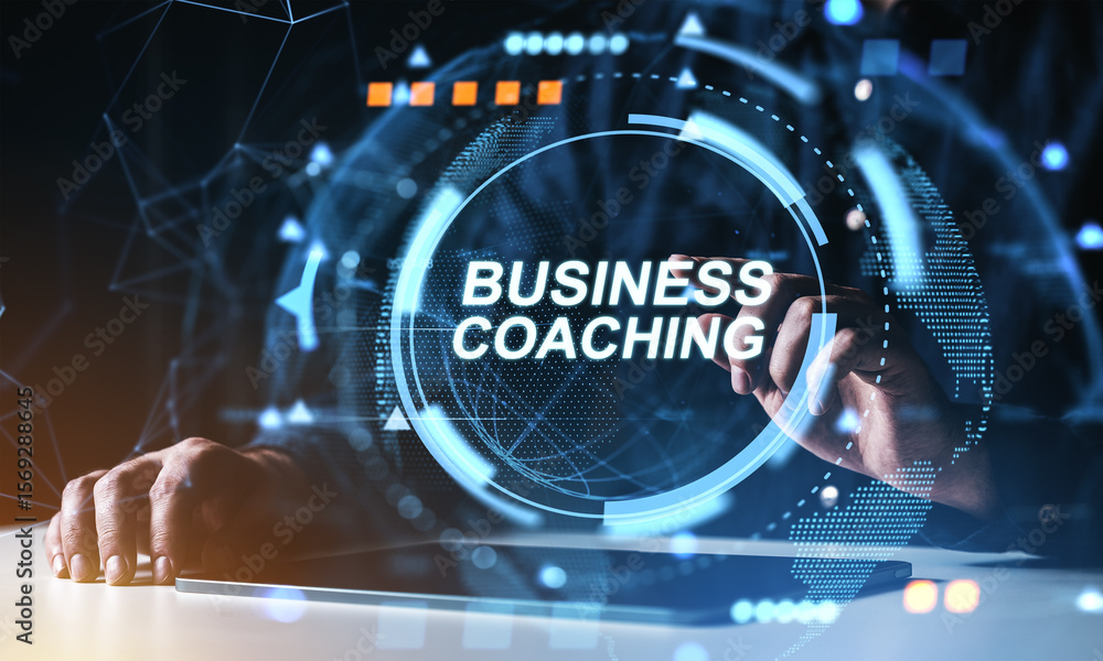 Poster futuristic business coaching concept with digital interface and hands interacting on tablet in moder