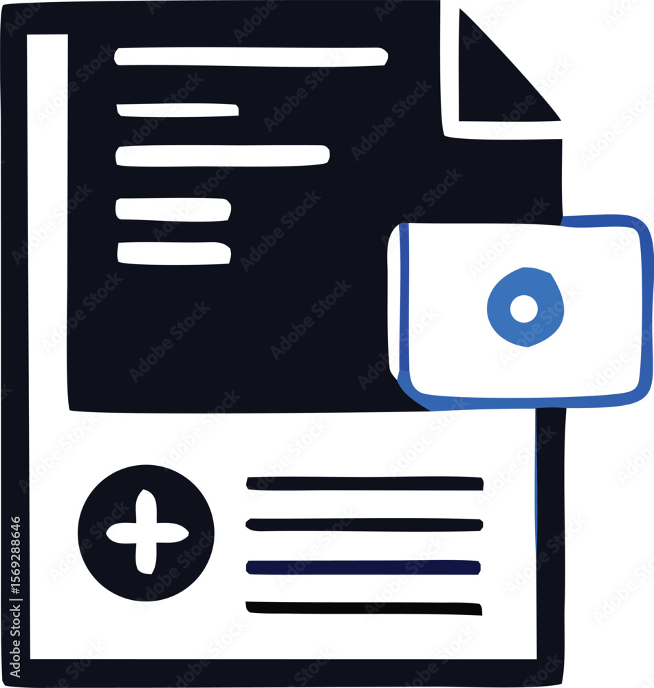 Poster stylized dark blue and white document icon with a plus sign and a circular element representing data