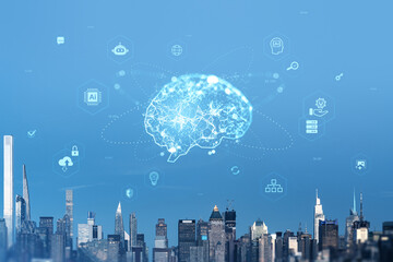 Futuristic digital brain concept above New York City skyline with technology icons and data connections on a blue background symbolizing innovation and AI.