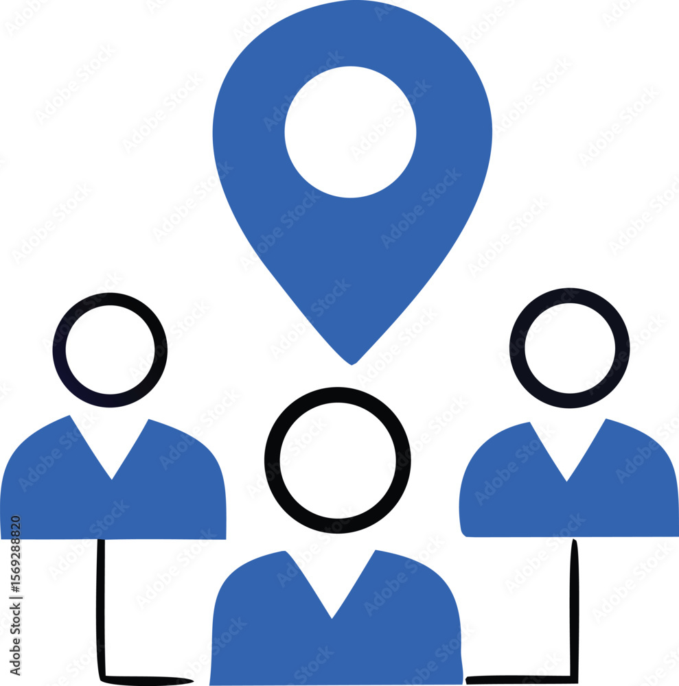 Poster abstract representation of people gathered around a central location pin symbolizing community conne