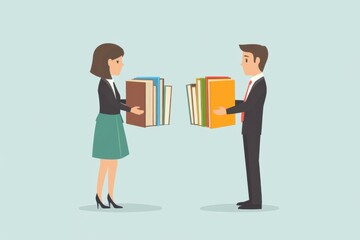 Book exchange event between two colleagues in an office environment friendly interaction concept