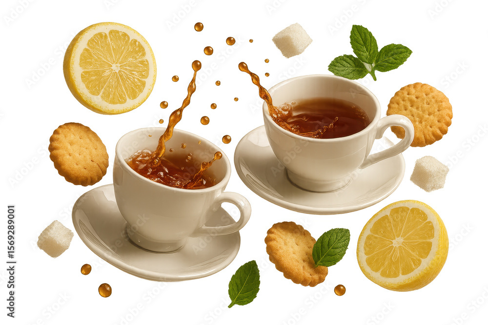 Poster two cups of tea with lemon and sugar isolated on transparent background image