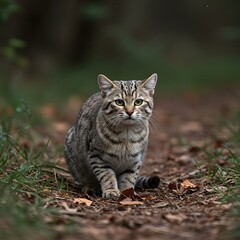 Naklejka premium Gray Striped Cat in Forest