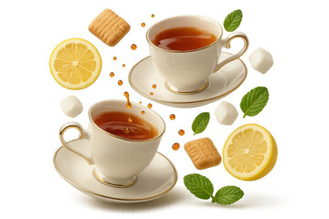 Elegant teacups, cookies, lemon, and mint isolated on a transparent background.