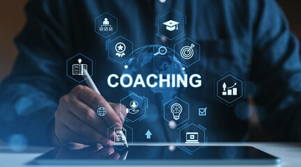 Coaching concept with business icons surrounding a man using a stylus on digital tablet, symbolizing mentoring, learning, and career growth in blue tone style.