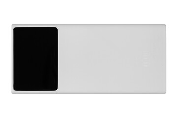 White power bank with a black screen, isolated on a white background.