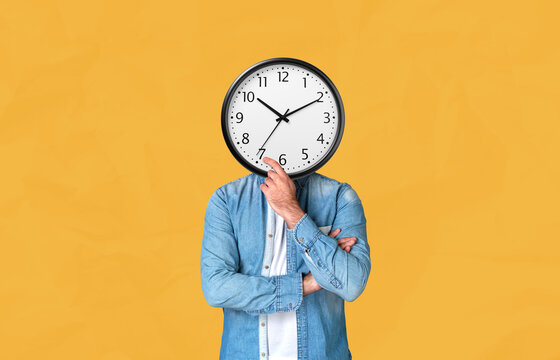 Surreal concept of a man with a clock as a head pondering time a