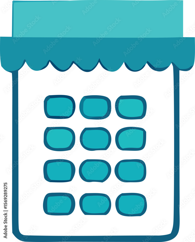 Poster stylized teal calendar icon with a scalloped top edge and a grid of twelve rounded rectangles repres