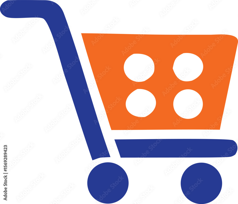 Poster a stylized shopping cart icon featuring a blue handle and frame with an orange basket containing fou