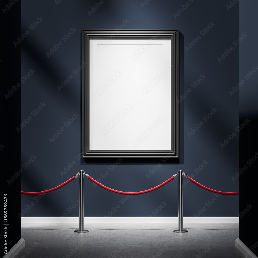 Aufkleber empty art frame mockup displayed in dark modern museum gallery with red velvet rope barrier on polis