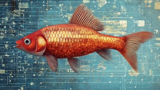 Digital goldfish, vibrant orange, circuit background