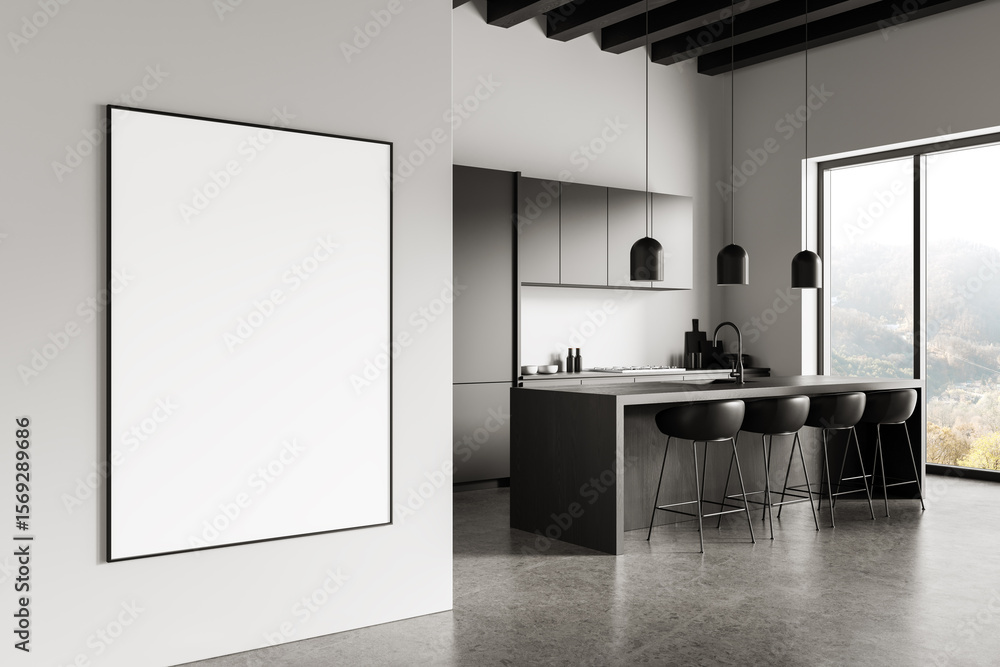 Fototapete blank poster mockup in modern minimal kitchen interior with clean design and empty wall space for br