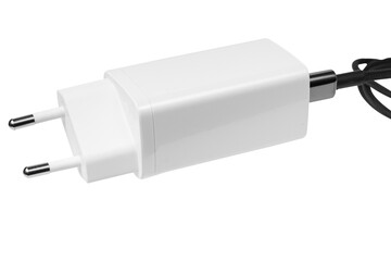 White power adapter with cord on white background.