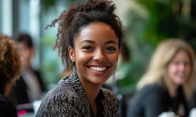 Diverse and inclusive group of office colleagues smiling at a team-building workshop event. This image promotes workplace race inclusion and diversity in a supportive environment, Generative AI