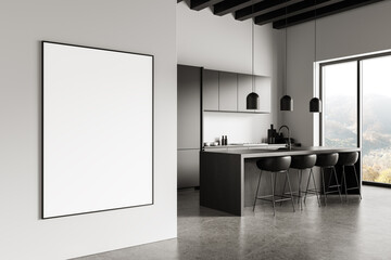 Blank poster mockup in modern minimal kitchen interior with clean design and empty wall space for...