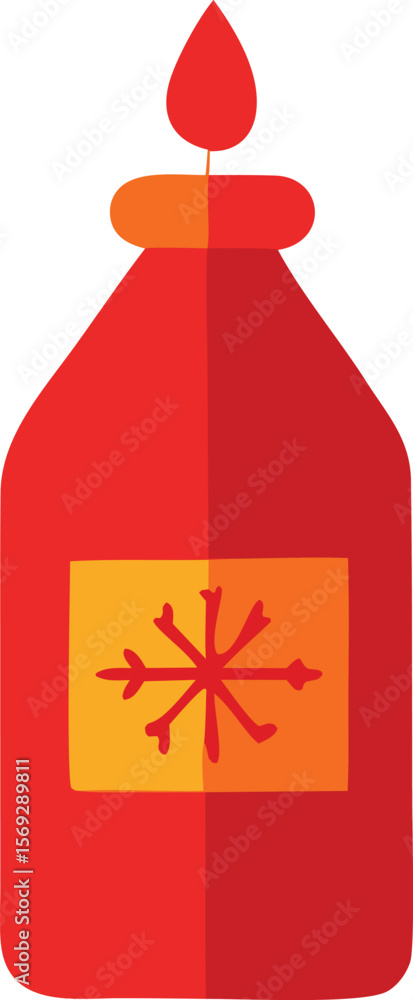 Poster a stylized red bottle with an orange label featuring a red snowflake symbol and a red flame like cap