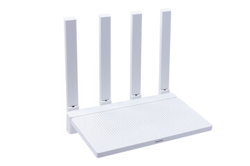 White wireless router with four antennas on a white background.