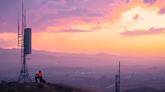 Telecom tower technician at sunset overlooking city