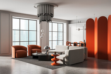 Modern living room interior with orange and beige furniture, large windows, and bold decorative elements in a stylish minimalist design concept. 3D Rendering
