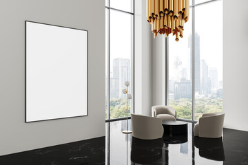 Blank poster mockup on wall in luxury office interior with city view, modern furniture, and golden...