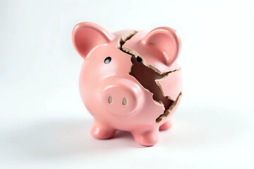 Close up of a broken pink piggy bank on white background.