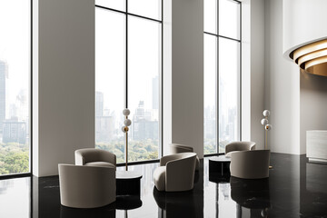 Modern luxury lobby interior with minimalist furniture, city view through tall windows and elegant...