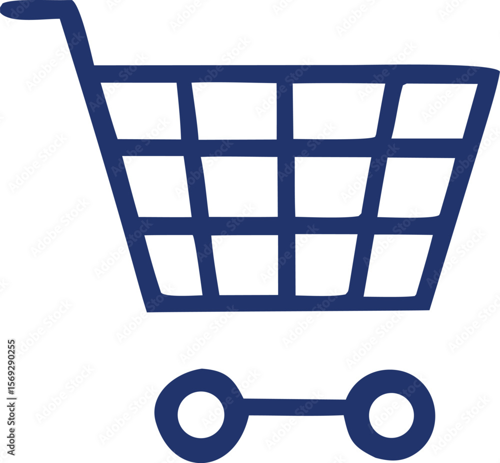 Poster a simple bold navy blue outline of a shopping cart with a grid pattern and two wheels on a white bac