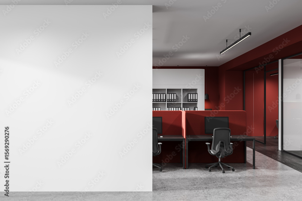 Fototapete empty white wall mockup next to modern red office cubicles in a stylish workspace interior with shel
