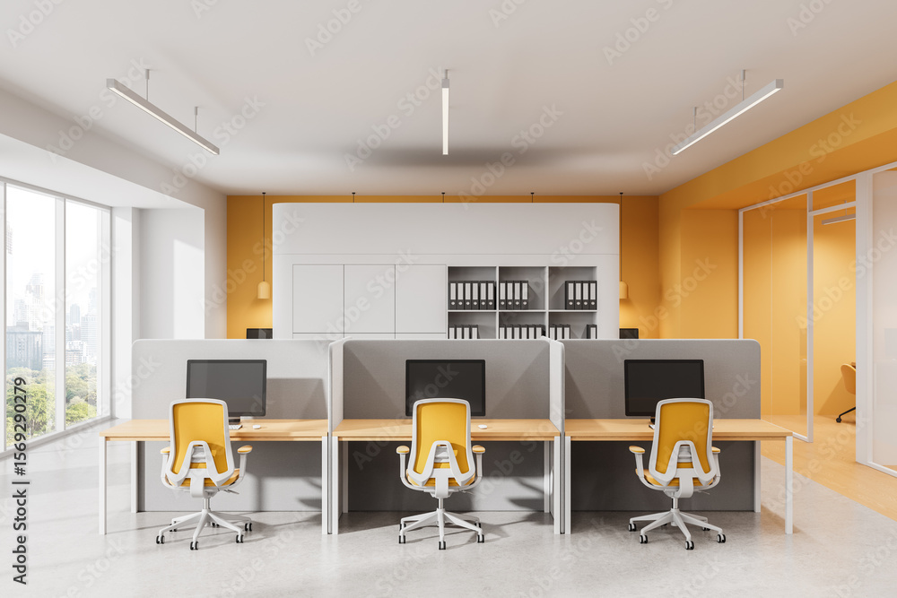 Poster modern open office interior with yellow chairs and dividers in minimalistic workspace design concept