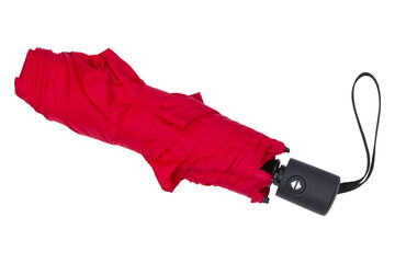 Red closed umbrella with black handle on white background.