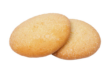 Two golden cookies on a white background.