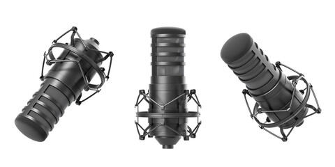 Three studio microphones with shock mounts displayed from different angles on white background....